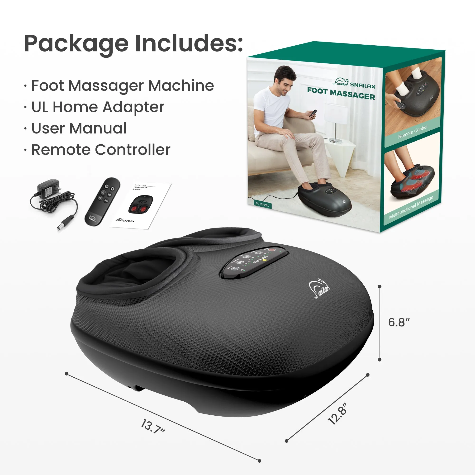 Snailax Electric Shiatsu Foot Massager with Heat Kneading Vibration Compression and Remote Control, Size 13 - SL-52A2RC