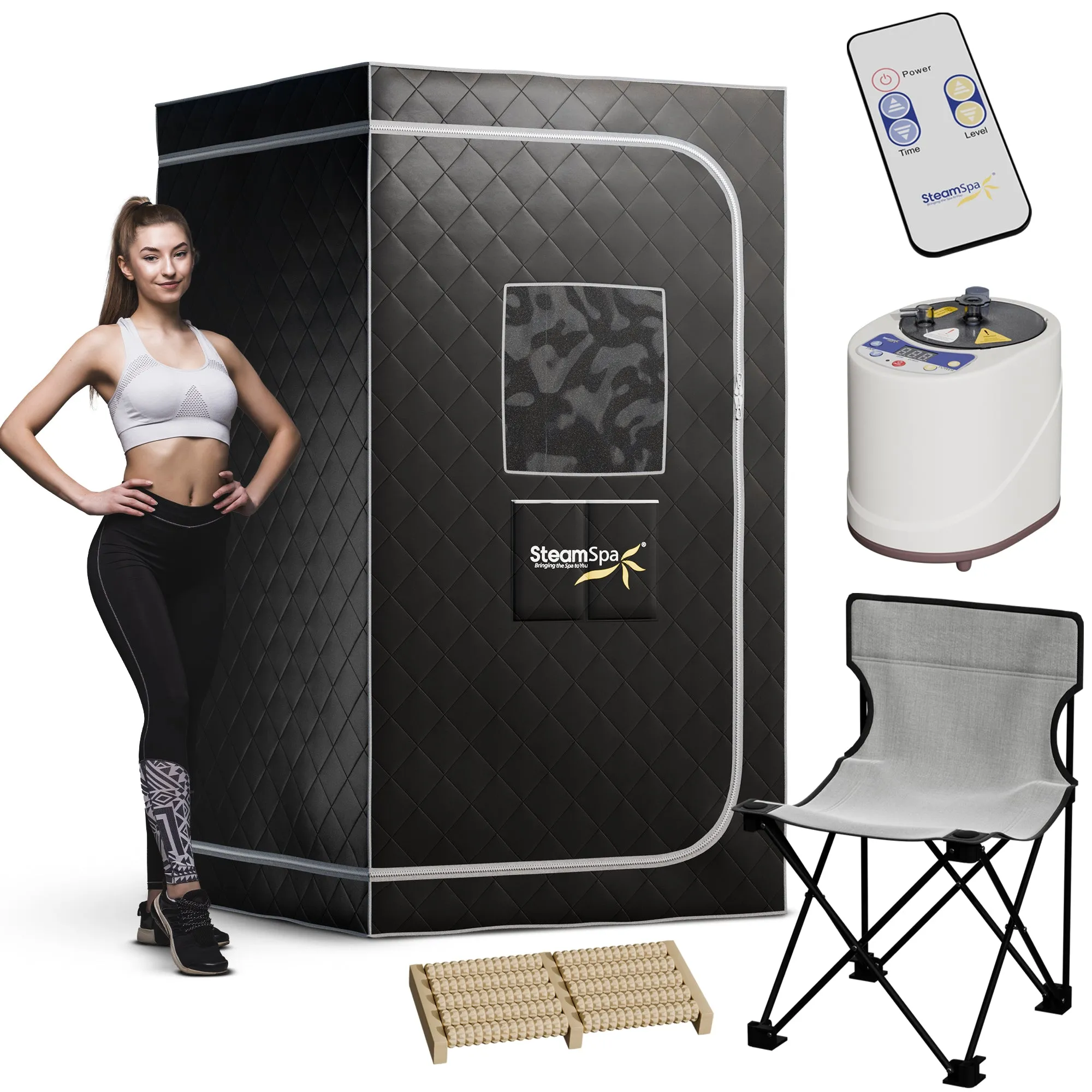 SteamSpa 1-Person Indoor PP Plastic 900 Watt Portable Steam Home Sauna with Digital Controller and Foldable Chair, Black