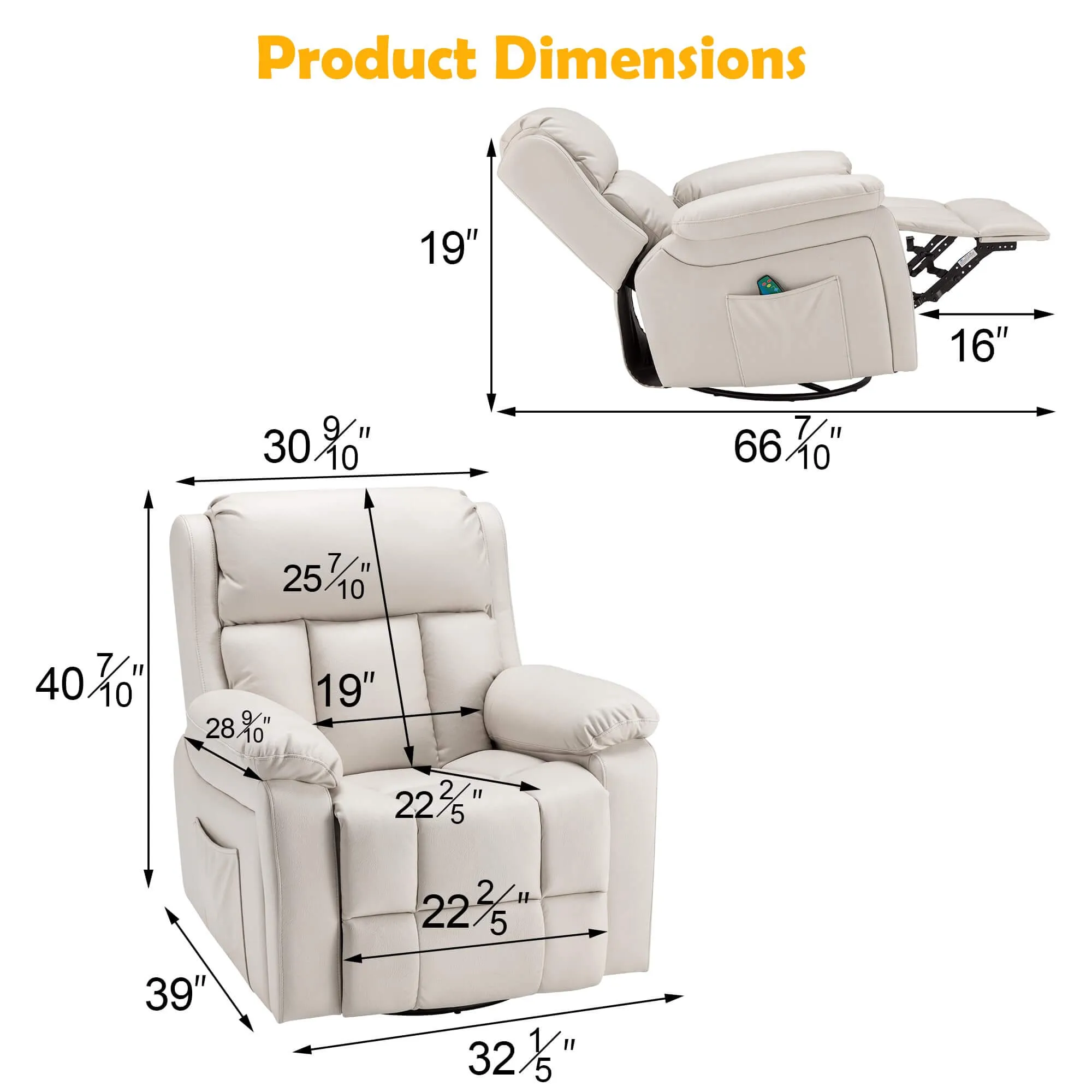 Swivel Rocker Recliner Chair with Heat and Massage, USB Port and Side Pockets, Beige