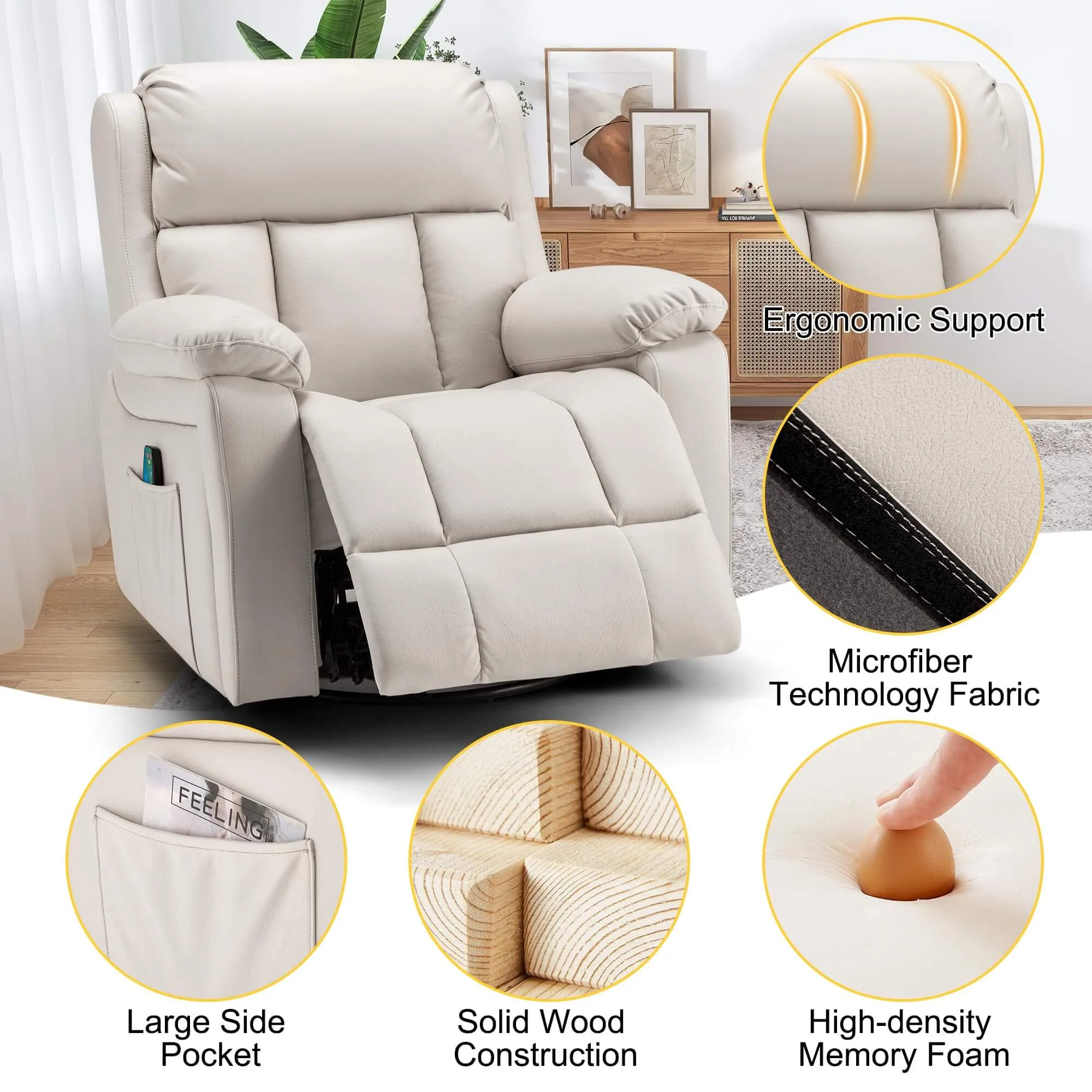 Swivel Rocker Recliner Chair with Heat and Massage, USB Port and Side Pockets, Beige