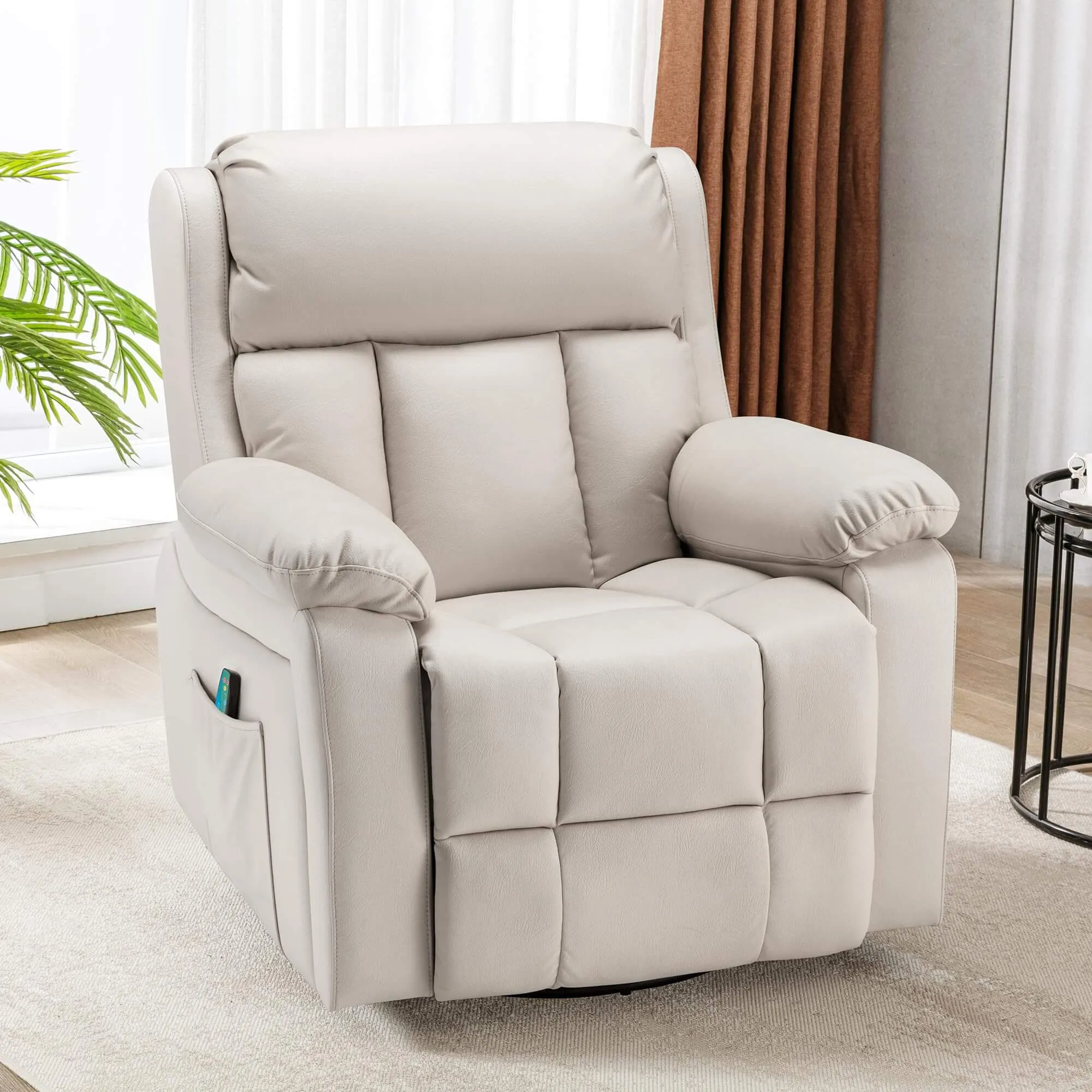 Swivel Rocker Recliner Chair with Heat and Massage, USB Port and Side Pockets, Beige