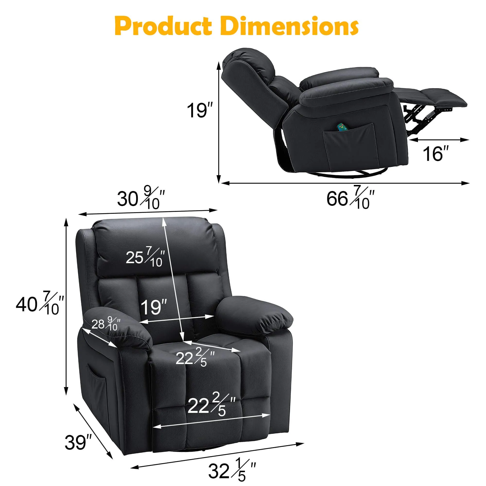 Swivel Rocker Recliner Chair with Heat and Massage, USB Port and Side Pockets, Black