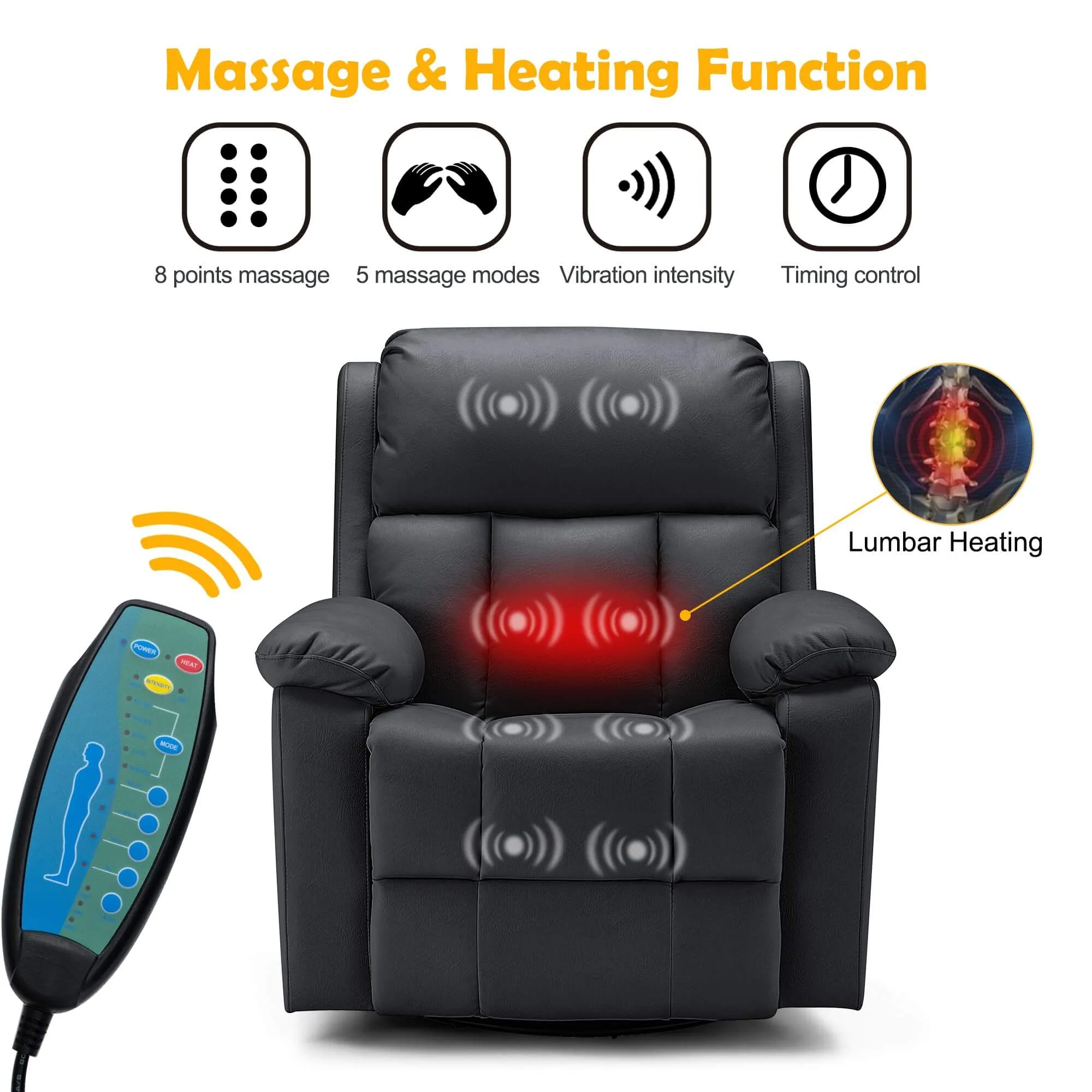 Swivel Rocker Recliner Chair with Heat and Massage, USB Port and Side Pockets, Black