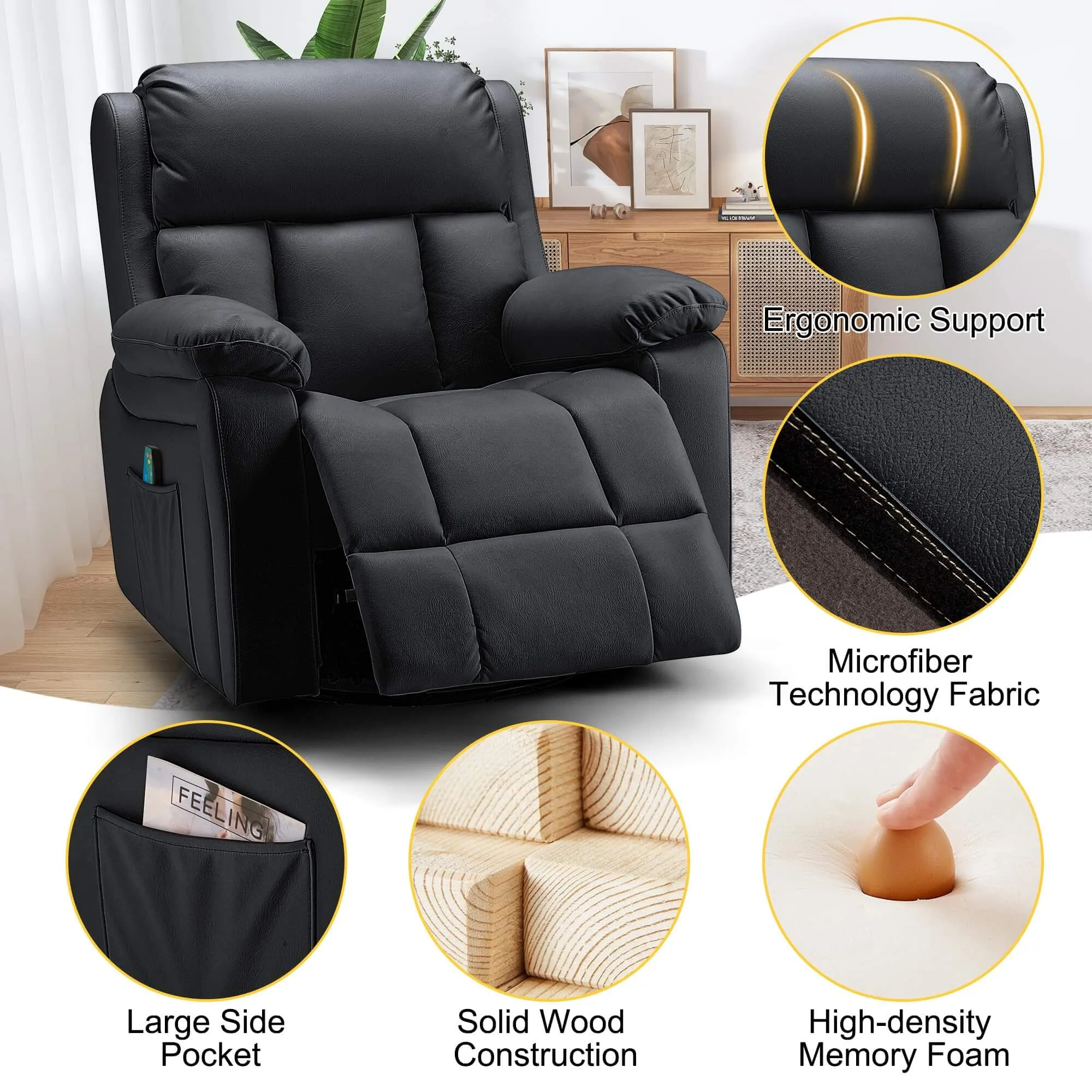 Swivel Rocker Recliner Chair with Heat and Massage, USB Port and Side Pockets, Black