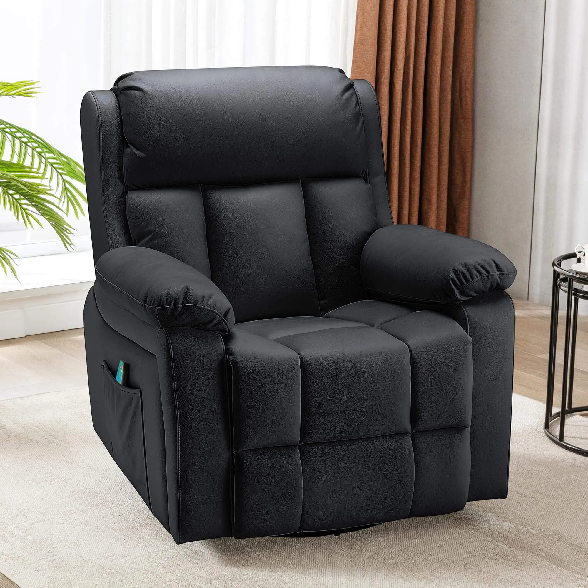 Swivel Rocker Recliner Chair with Heat and Massage, USB Port and Side Pockets, Black