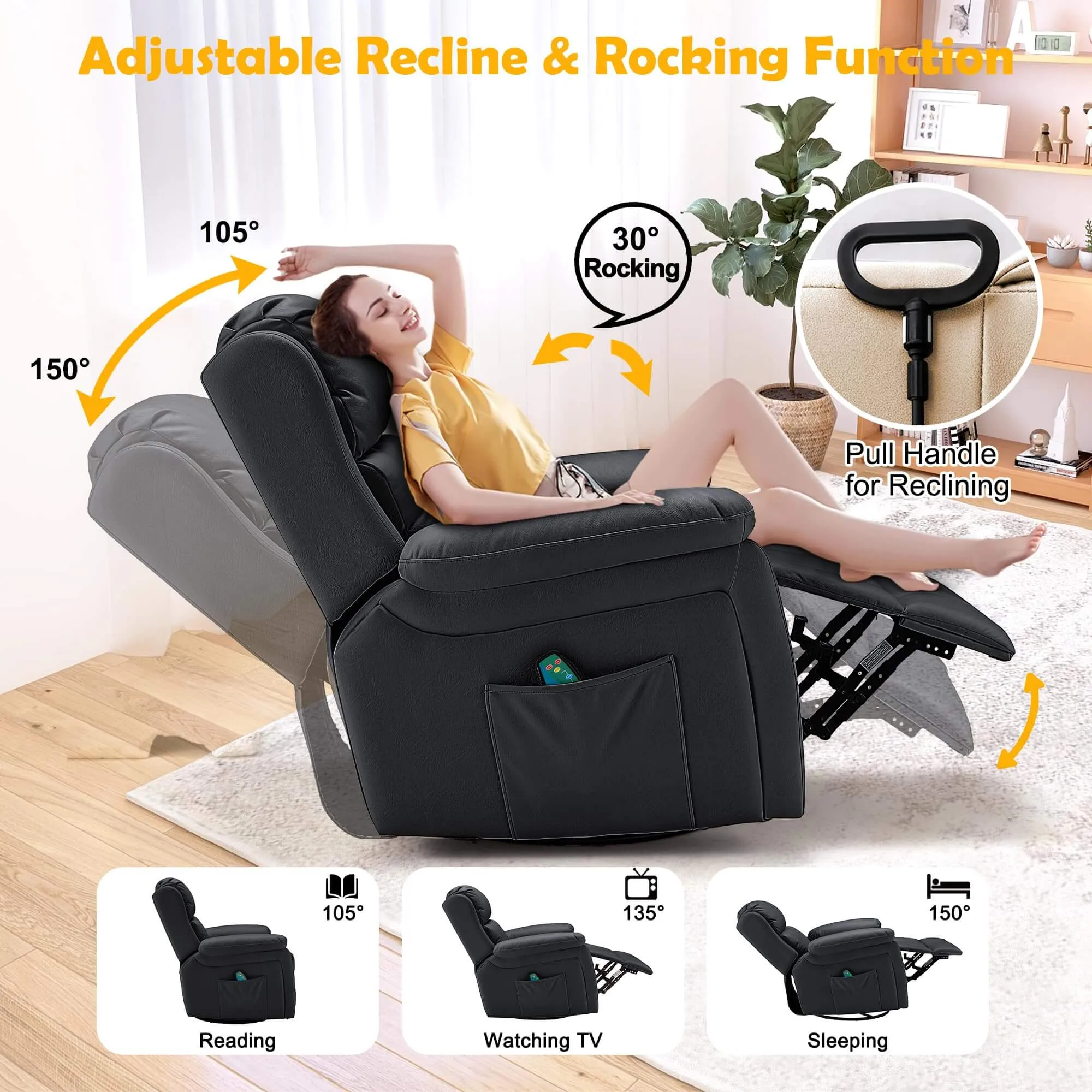 Swivel Rocker Recliner Chair with Heat and Massage, USB Port and Side Pockets, Black