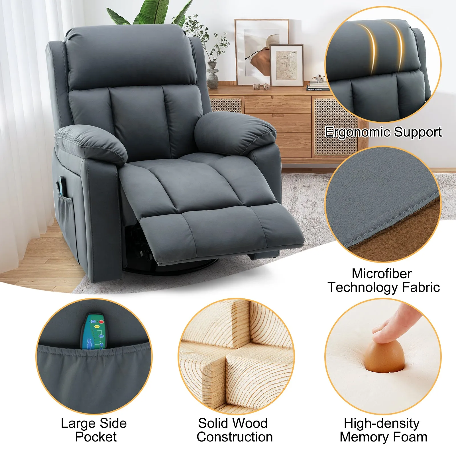 Swivel Rocker Recliner Chair with Heat and Massage, USB Port and Side Pockets, Blue