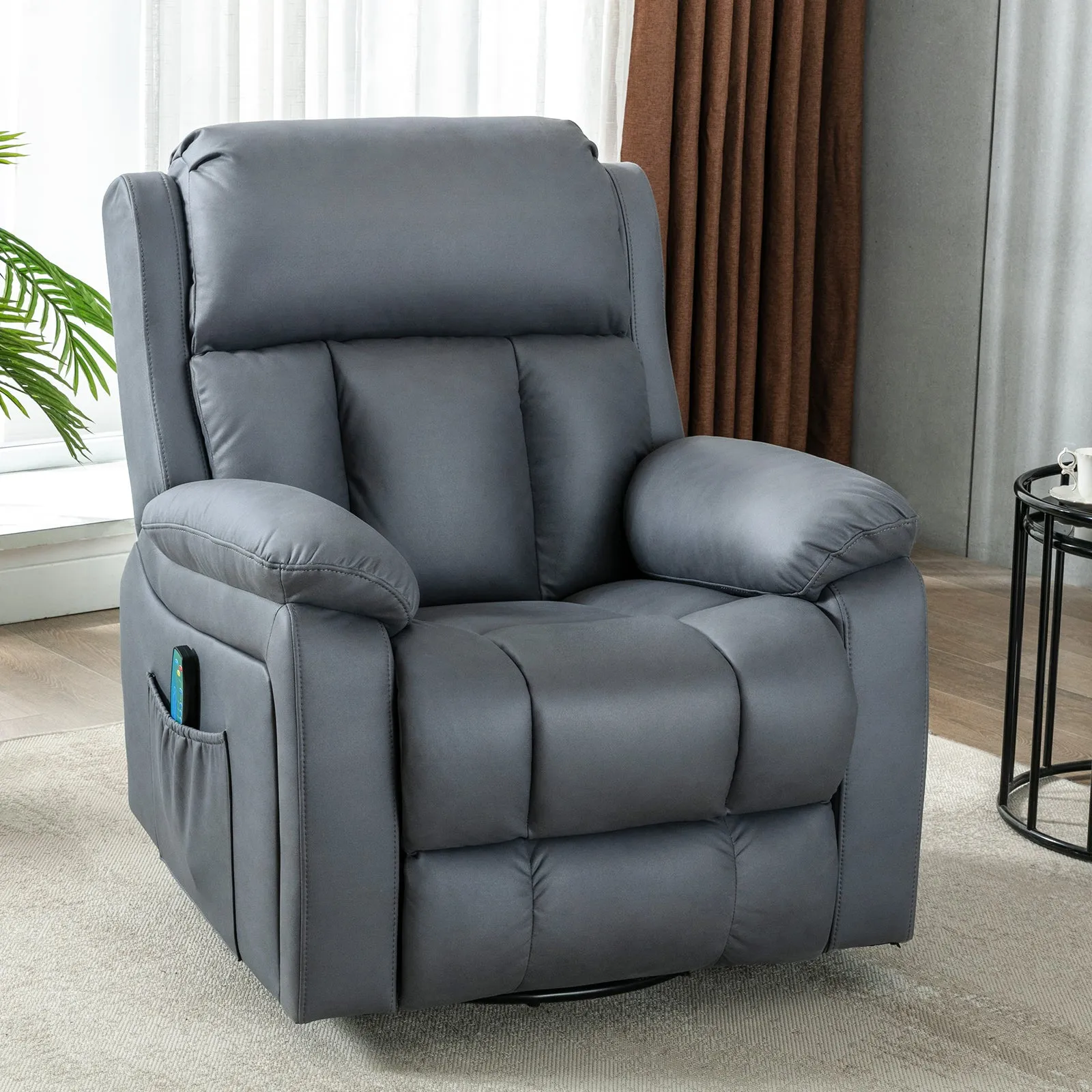 Swivel Rocker Recliner Chair with Heat and Massage, USB Port and Side Pockets, Blue