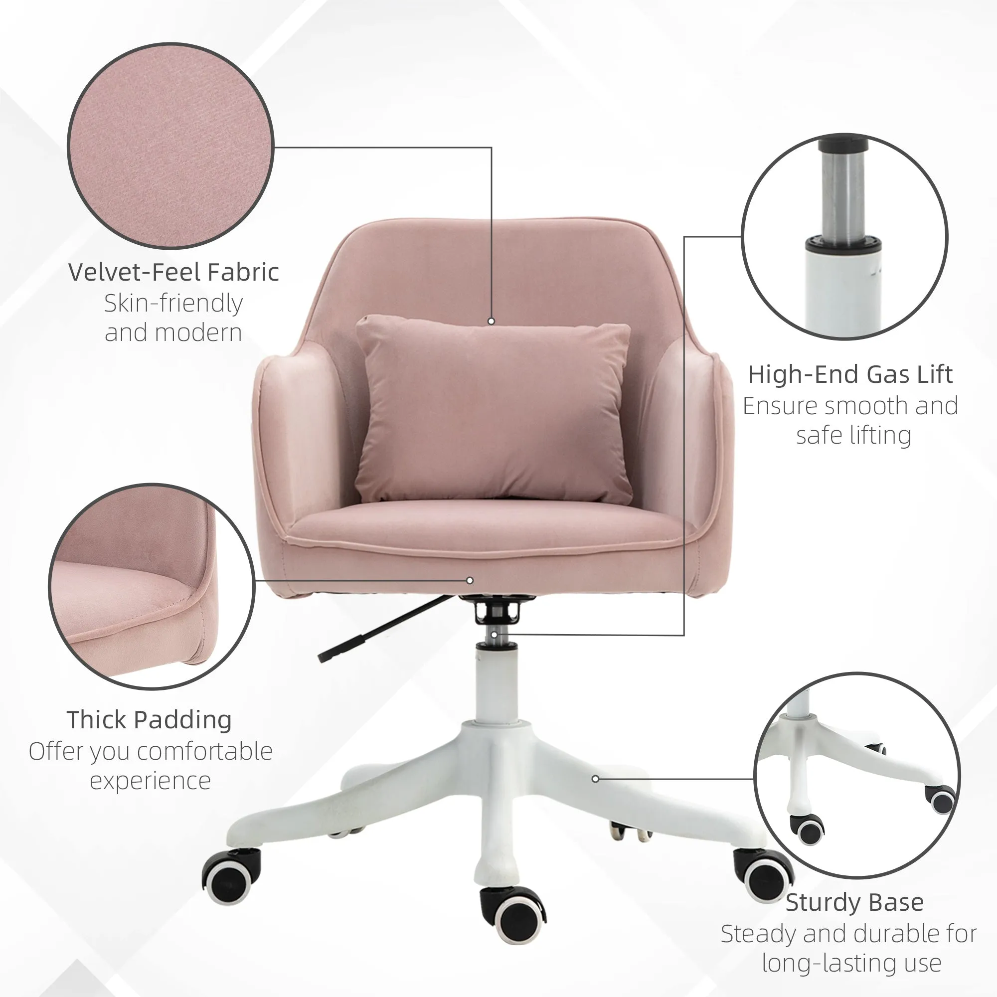 Velvet Style Office Chair with Rechargeable Electric Vibration Massage Lumbar Pillow, Wheels, Pink