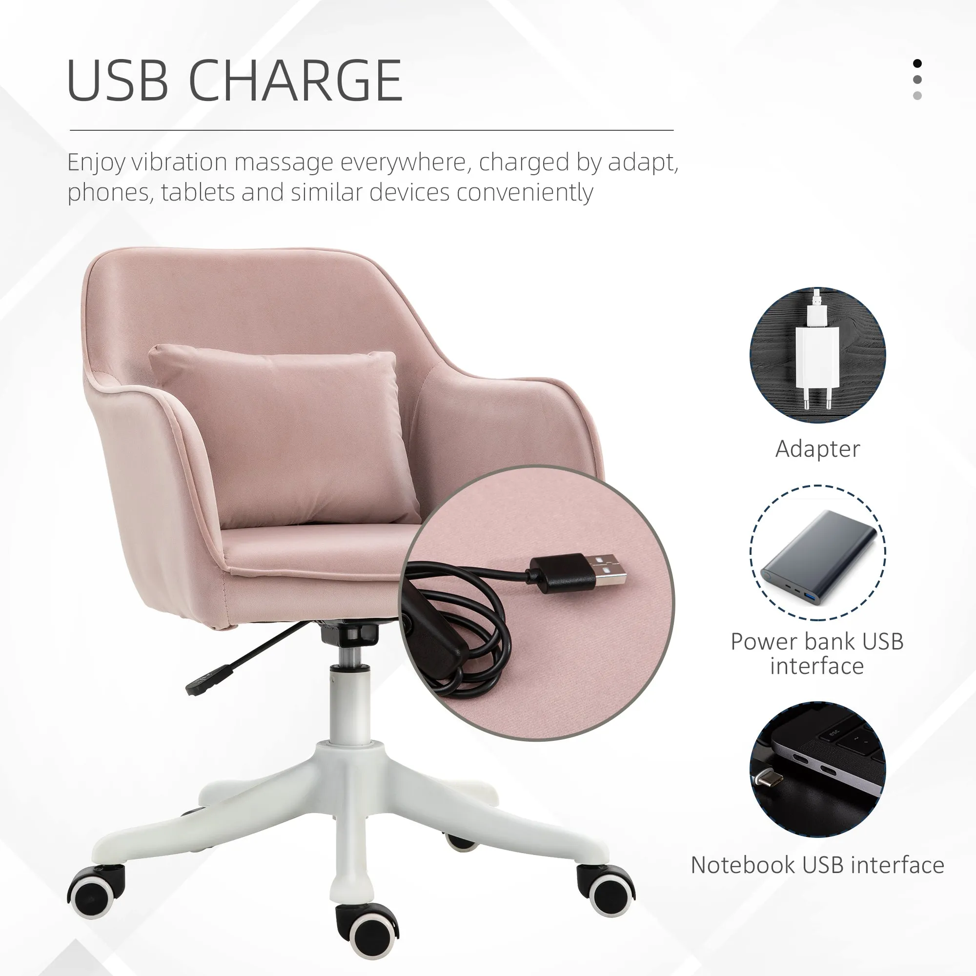 Velvet Style Office Chair with Rechargeable Electric Vibration Massage Lumbar Pillow, Wheels, Pink