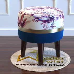 Wooden Twist Blush Puffy Ottoman Stool For Living Room ( Purple & Blue )