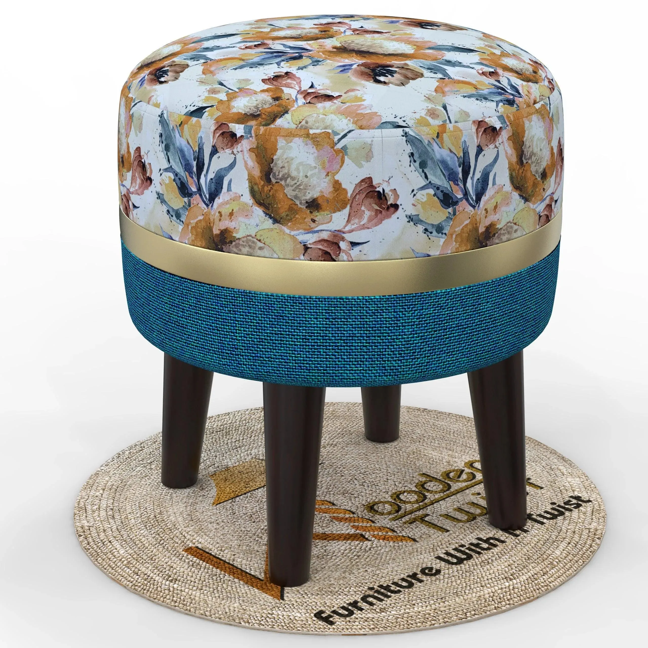 Wooden Twist Flank Puffy Ottoman Stool For Living Room ( Beige & Blue )