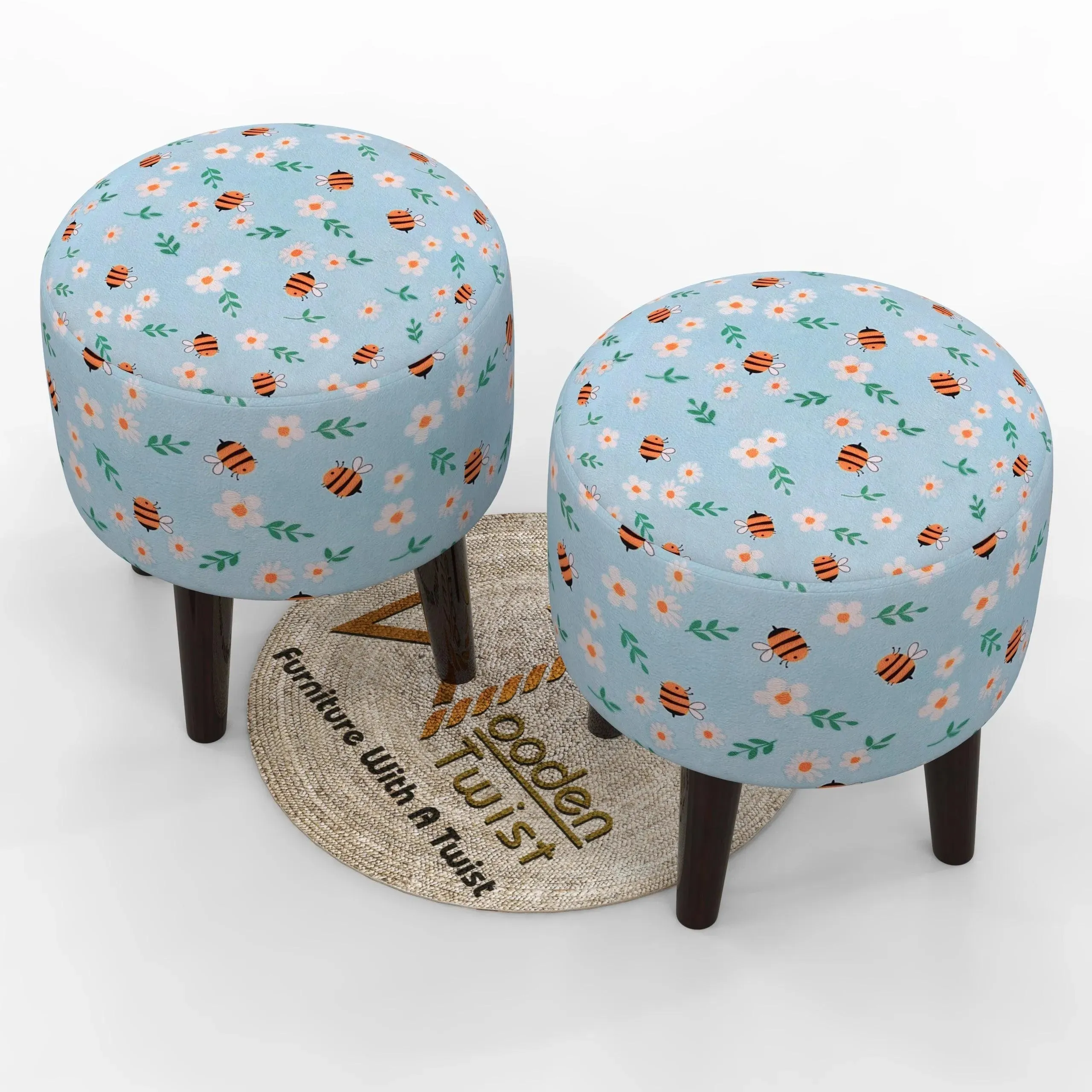 Wooden Twist Harlequin Puffy Ottoman Stool For Living Room ( Set of 2 )